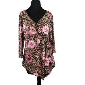 Baranda Womens Size Medium Pink Brown Floral Surplice Front Tunic